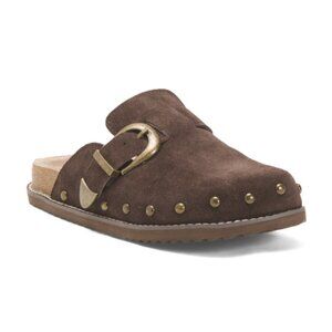 CUSHIONAIRE Suede Bronco Slip-on Studded Mules With Oversized Buckle